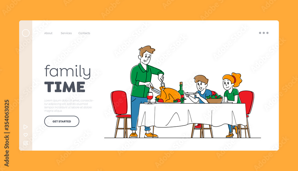 Festive Dinner, Feast, Thanksgiving Day Landing Page Template. Happy Family Dad and Kids Characters Sit at Table with Food and Drinks, Father Cutting Turkey. Linear People Linear Vector Illustration