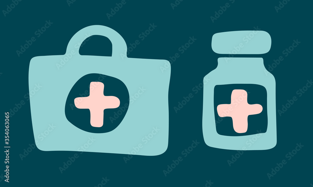 Vector hand drawn medicine bottle illustration. Doodle first aid kit icon. Vector hand drawn medicine bottle illustration. Doodle first aid kit icon.
