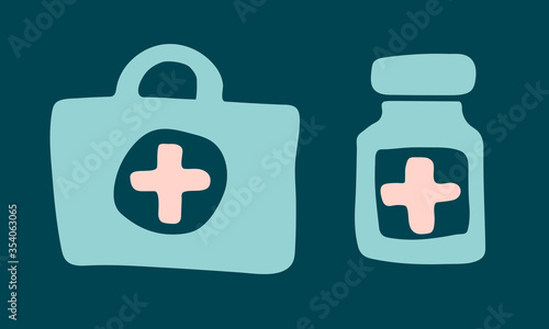Vector hand drawn medicine bottle illustration. Doodle first aid kit icon.