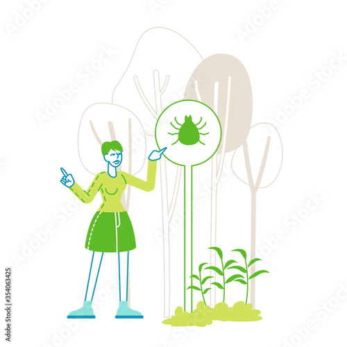 Female Character Stand at Warning Sign with Mite Image on Forest Background with Trees. Girl Tourist or Hiker in Danger of Bite with Tick in Wood, Park and Nature Territory. Linear Vector Illustration