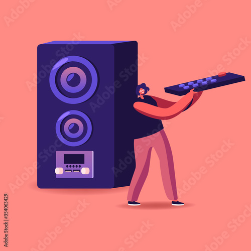 Woman Stand at Huge Dynamics Holding Remote Control for Making Sound On. Noise Pollution, Character Listen Loud Music at Home, Bar or Night Club, Entertainment, Leisure. Cartoon Vector Illustration