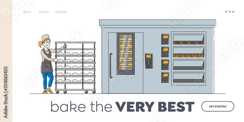 Baking Industry Plant Working Process Landing Page Template. Baker Character in Rolling Metal Trolley with Raw Bread Loafs Put to Huge Oven for Baking, Factory Technology. Linear Vector Illustration