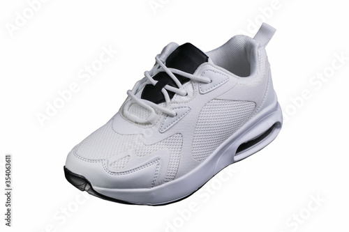White sneaker with black accents isolated. Sports shoes on a white background.