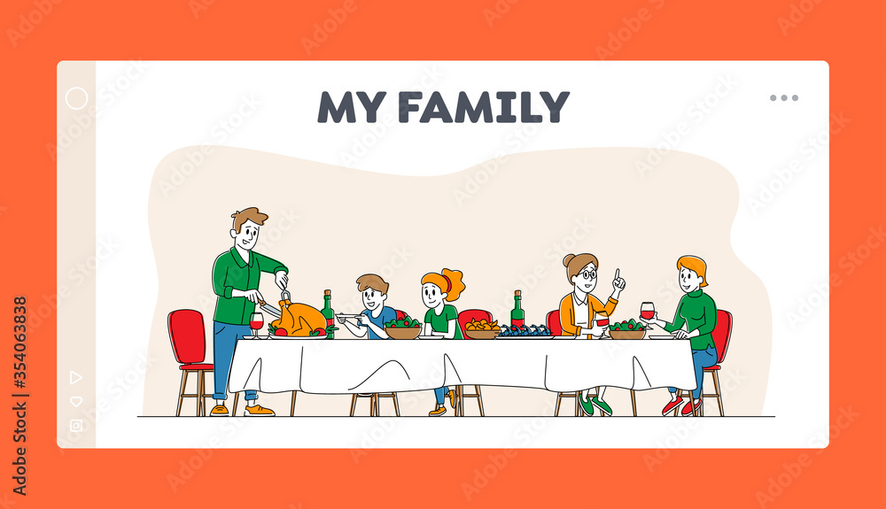 Big Family Feast Landing Page Template. Thanksgiving Celebration Dinner at Table with Food. Happy People Eating Turkey Meal and Talking, Cheerful Characters Festive Lunch. Linear Vector Illustration
