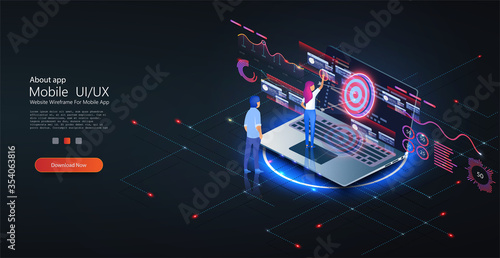 Application of laptop with business graph and analytics, analysis data on isometric. Modern flat design isometric concept of Marketing Strategy for banner and website. Landing page template. Vector