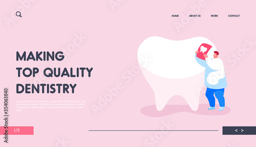 Stomatologist Work Landing Page Template. Tiny Dentist Doctor Character Care of Huge Tooth Examine Xray Image. Stomatology Service, Dentistry, Caries Prevention, Treatment. Cartoon Vector Illustration