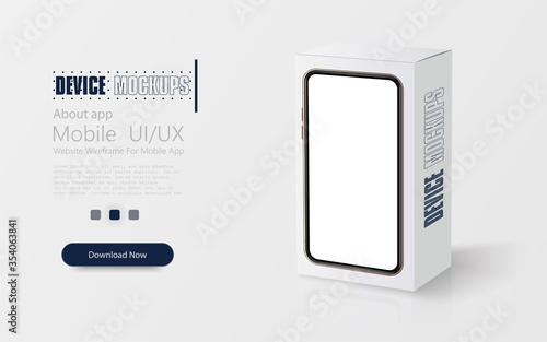 Realistic smartphone mockup. White box layout, side view. A mobile phone frame with a blank display isolated templates, pictured on the surface of a white box. Vector illustration
