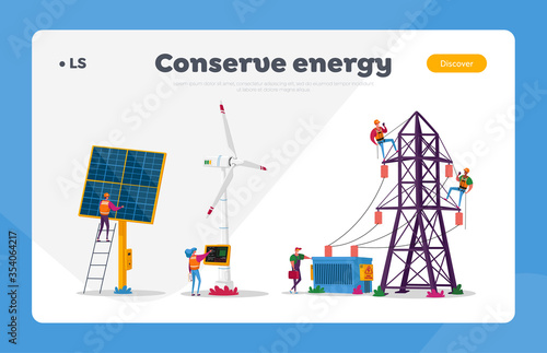 Characters Use Sustainable Energy Landing Page Template. Environmental and Ecology Protection. New Technologies Integration. Solar Panels, Windmill for Green Energy. Cartoon People Vector Illustration