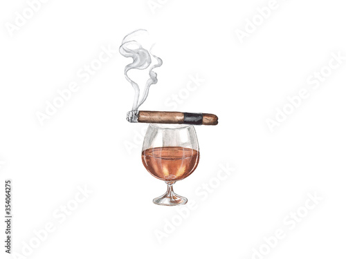 Watercolor illustration of cognac and cigar on a white background