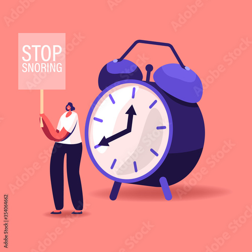 Tiny Female Character Stand at Huge Alarm Clock with Banner Stop Snoring in Hands. Breathing Disease, Noise Pollution Asleep Angry Woman Protesting against Sleeping Snore. Cartoon Vector Illustrations