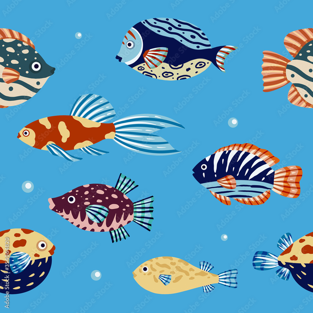 Seamless pattern of colorful fish on a blue background.