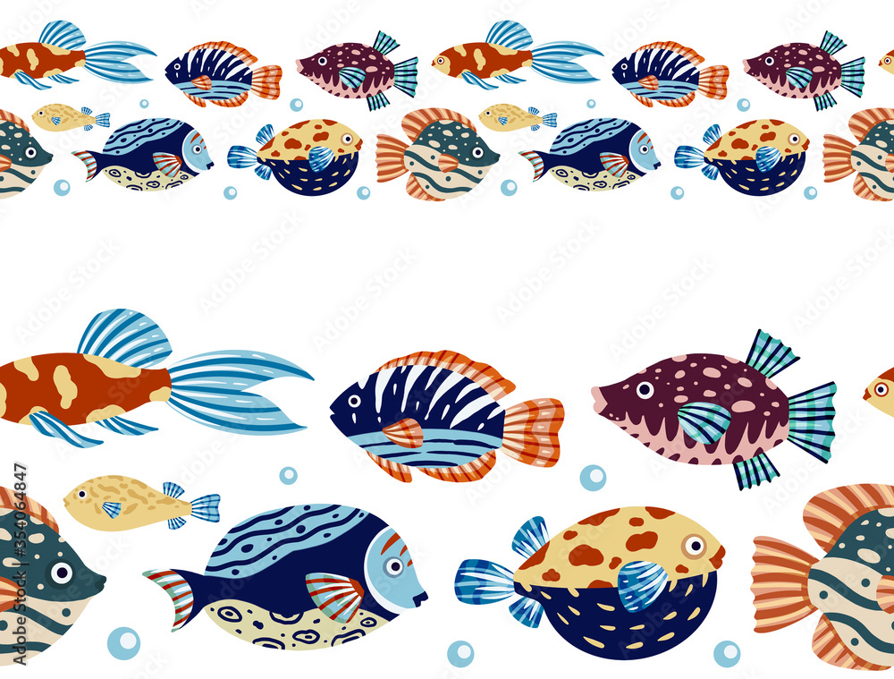 Seamless ribbon pattern of colorful fish on a white background.