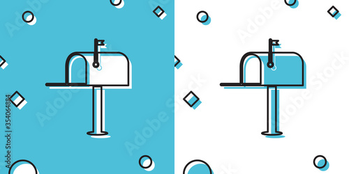 Black Open mail box icon isolated on blue and white background. Mailbox icon. Mail postbox on pole with flag. Random dynamic shapes. Vector Illustration