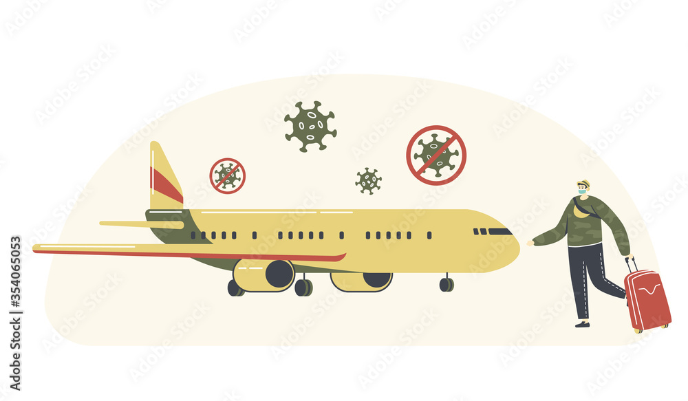 © Pavlo Syvak - Male Character in Medical Mask with Luggage Boarding on Airplane with Coronavirus Cells Fly. Traveler Go to Aircraft, Passenger Board to Jet in Airport Pandemic Time Travel. Linear Vector Illustration
