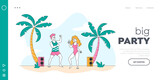 Summer Beach Party Landing Page Template. Young Girl Wearing Swim Suit and Man Characters Dancing on Seaside with Playing Music at Tropical Landscape with Palm Trees. Linear People Vector Illustration