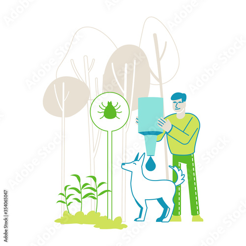 Male Character Dripping Drops against Encephalitis Mites on Dogs. Owner Protect Pet of Ticks and Poisonous Insects Living on Plants, Domestic Animals Parasites Protection. Linear Vector Illustration