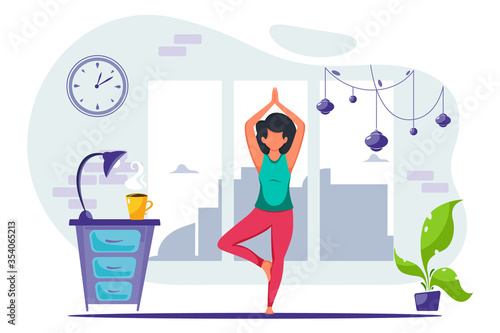 Woman doing yoga at home in modern interior. Vector illustration in a flat style