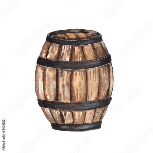 Watercolor illustration of an oak barrel on a white background