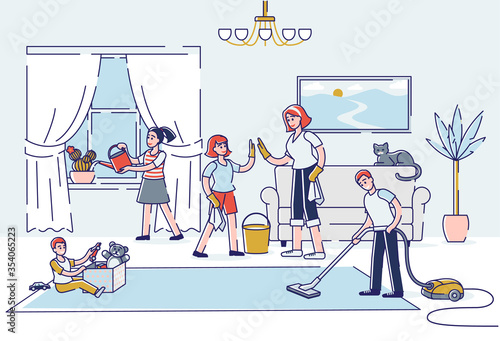 Big family cleaning house living room together. Children helping parents with housekeeping chores