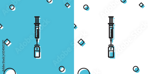Black Medical syringe with needle and vial or ampoule icon isolated on blue and white background. Vaccination, injection, vaccine, insulin concept. Random dynamic shapes. Vector Illustration