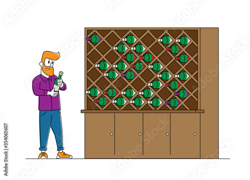 Winemaker or Taster Male Character Stand at Wooden Shelf with Many Wine Bottles Choosing Drink and Reading Label on Glass Flask. Winemaking Industry, Wine Degustation. Linear Vector Illustration