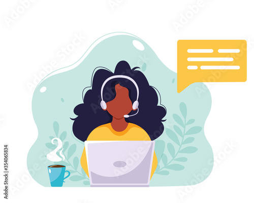 Black woman with headphones and microphone working on laptop. Customer service, assistance, support, call center concept. Vector illustration in flat style.