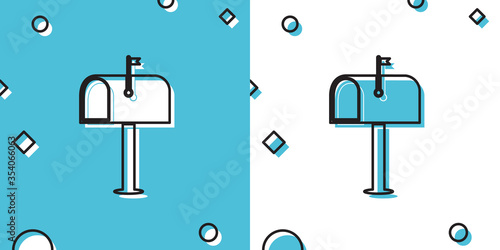 Black Mail box icon isolated on blue and white background. Mailbox icon. Mail postbox on pole with flag. Random dynamic shapes. Vector Illustration
