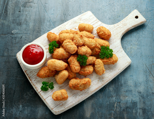 Crispy Battered scampi nuggets with ketchup on white wooden board photo