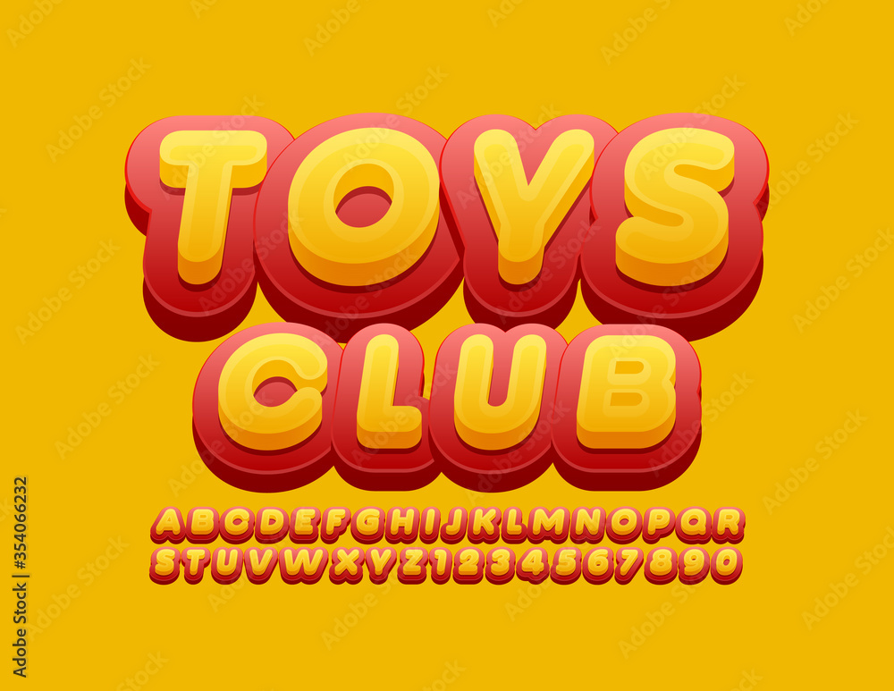 Vector modern logo Toys Club with Bright Font. Red and Yellow Alphabet Letters and Numbers Vector modern logo Toys Club with Bright Font. Red and Yellow Alphabet Letters and Numbers