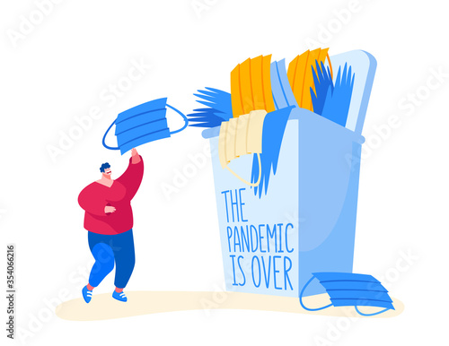 Coronavirus Quarantine End Concept. Happiness, Freedom, Stop Lockdown, Victory. Happy Male Character Throw in Air Useless Medical Mask Celebrate Covid19 Pandemic Over. Cartoon Vector Illustration