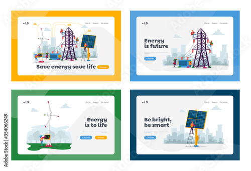 Sustainable Green Energy Development, Environmental Protection Landing Page Template Set. New Technologies, Solar Panel, Windmill, Electric Tower. Cartoon People Characters Vector Illustration