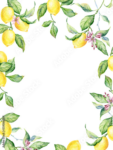 Watercolor illustration wreath of Lemons, flowers and leaves.