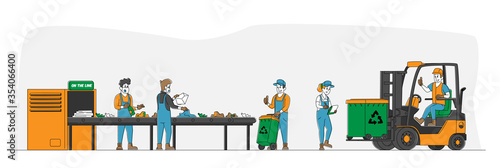 Characters Working on Waste Recycling Plant with Containers for Garbage Separation and Forklift Truck to Reduce Environment Pollution. Litter Industry Eco Protection Linear People Vector Illustration