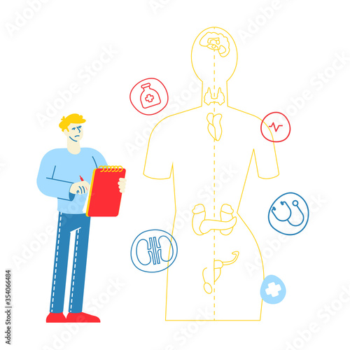 Medical Staff Endocrinology Health Care, Hormone Disease, Disbalance. Male Doctor Endocrinologist Character Writing in Notebook Stand at Huge Endocrine System Anatomy Model. Linear Vector Illustration