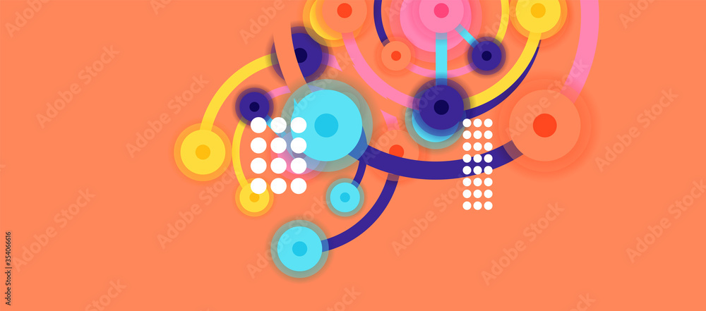 Flat style geometric abstract background, round dots or circle connections on color background. Technology network concept. Flat style geometric abstract background, round dots or circle connections on color background. Technology network concept.