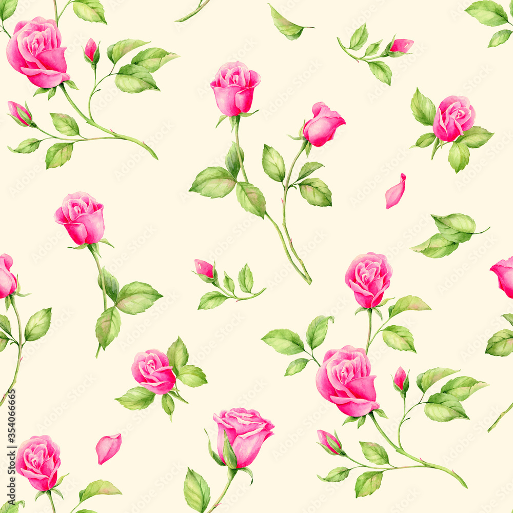 Summertime garden flowers English Roses watercolor seamless pattern.