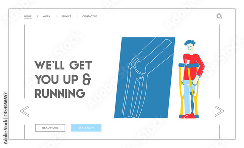 Healthcare Disability, Medicine Therapy Landing Page Template. Invalid Handicapped Man Character Stand on Crutches with Leg Prosthesis Visiting Orthopedy Clinic or Hospital. Linear Vector Illustration