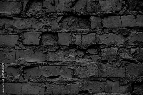 Black brick wall close up. Rough background.