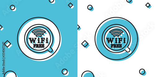Black Cup of coffee shop with free wifi zone icon isolated on blue and white background. Internet connection placard. Random dynamic shapes. Vector Illustration