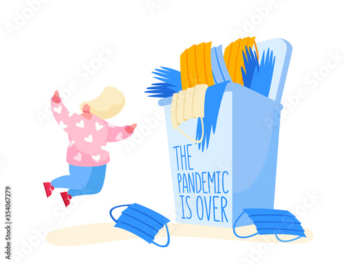 Coronavirus Quarantine End Concept. Happy Female Character Throw in Air Useless Medical Mask Celebrate Covid19 Pandemic Finish. Happiness, Freedom, Lockdown Over, Victory. Cartoon Vector Illustration