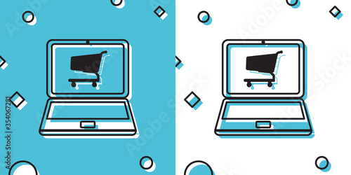 Black Online shopping concept. Shopping cart on screen laptop icon isolated on blue and white background. Concept e-commerce, online business marketing. Random dynamic shapes. Vector Illustration