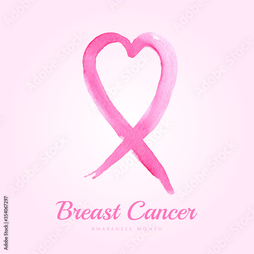 Pink ribbon in a heart shape , symbol of the fight against breast cancer in a watercolor style.