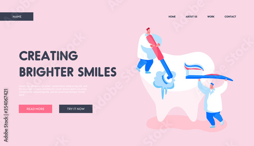 Stomatology Clinic Care Service, Dentistry Landing Page Template. Tiny Dentist Doctor Characters Cleaning and Polishing Huge Tooth with Toothbrush. Caries Prevention. Cartoon Vector Illustration