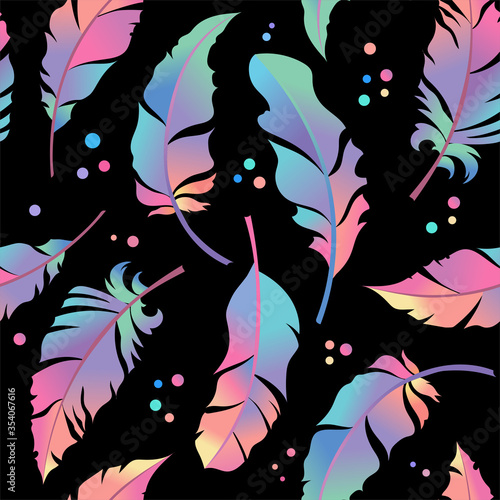 Seamless pattern with colorful feathers on black background