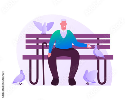 Senior Grey Haired Man Sitting on Bench in Park or Home Yard Feeding Doves. Aged Male Character Sparetime, Leisure and Hobby. Society Old People Group Market Segmentation. Cartoon Vector Illustration
