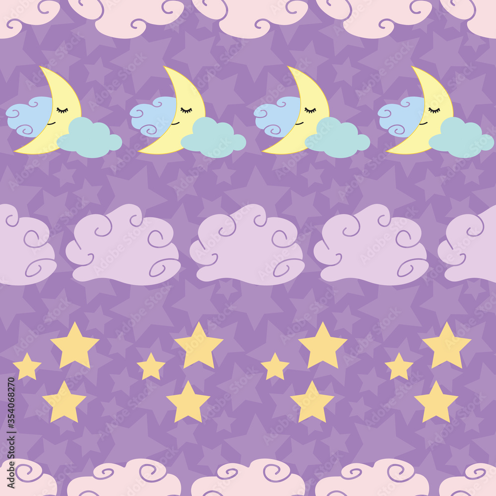 Cute seamless pattern clouds, moon, and stars in pastel colors Cute seamless pattern clouds, moon, and stars in pastel colors