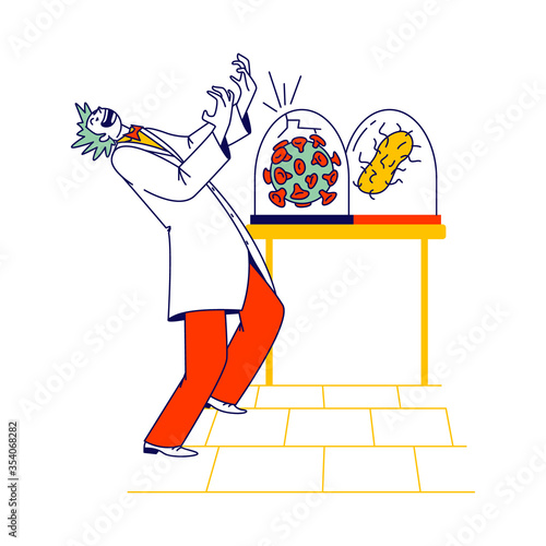 Mad Scientist Personage Growing Deadly Virus, Germ or Bacteria in Secret Laboratory. Crazy Doctor Character Conducting Experiments in Lab with Huge Cells under Glass Domes. Linear Vector Illustration