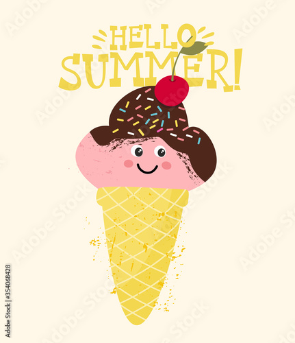 Cute ice cream with hand drawn  quote Hello Summer. Funny card with character...
