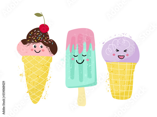 Set of cute ice cream characters in cartoon style. Illustration for cards, po...