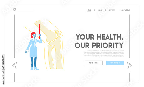 Medical Healthcare Landing Page Template. Doctor Orthopedist Character with Pointer Look at Huge Picture of Leg Skeleton Bones. Patient Treatment in Orthopedics Hospital. Linear Vector Illustration